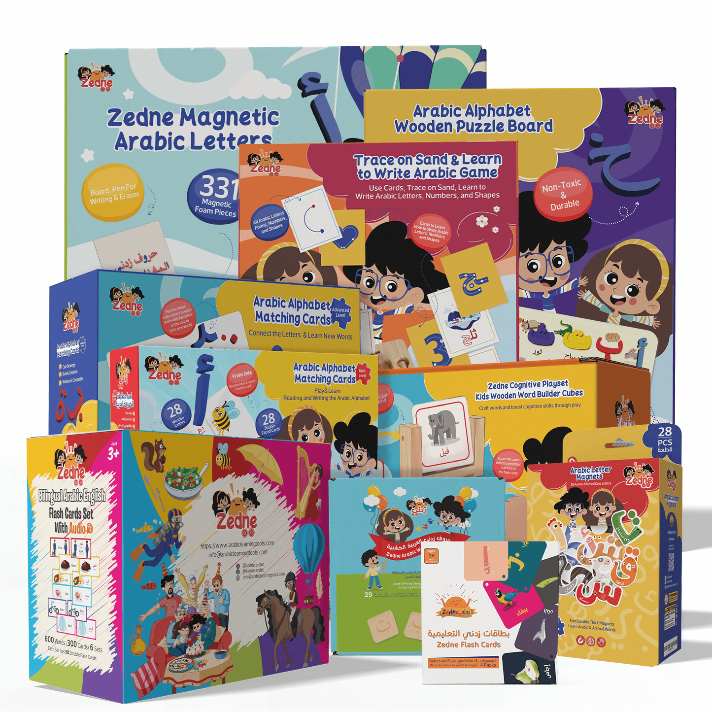 Zedne Complete Arabic Learning Toys Set - 10 Toys in One Package, includes Arabic magnetic letters, Arabic flash cards and much more