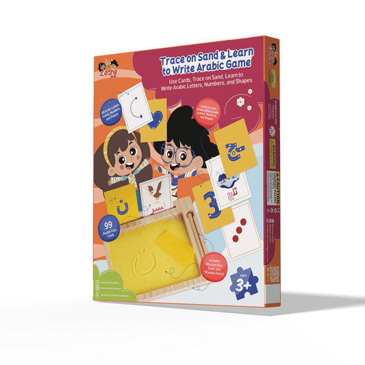 Zedne Learn Arabic Alphabet Montessori Sand Tray with Pen, 100x Arabic Flash Cards For Kids With Tracing Guide, Learn All Arabic Letters Forms