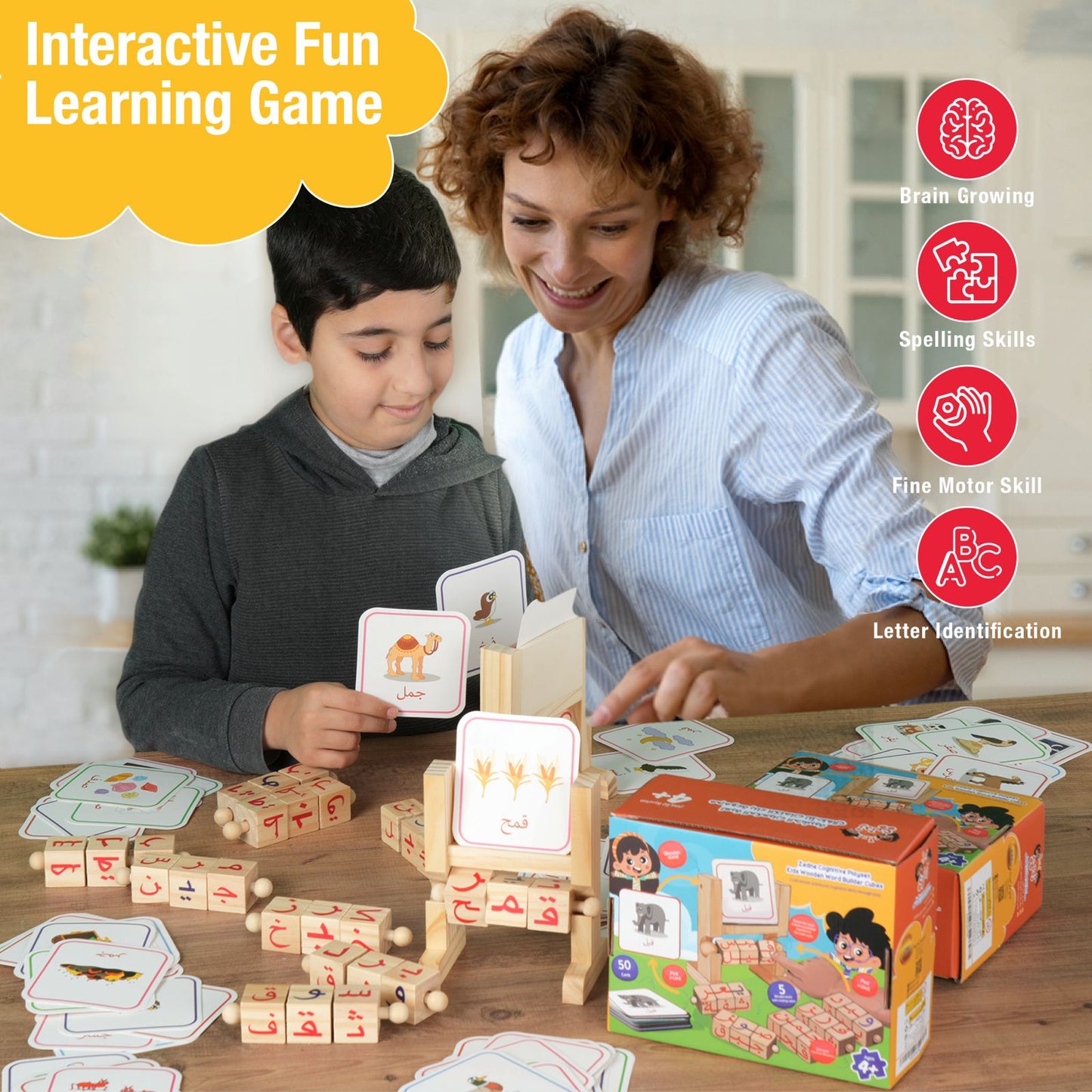 Zedne Cognitive Playset Kids Wooden Word Builder Cubes - Engaging Arabic Learning Toy with 50 Cards and Rotating Cubes - Tactile & Sensory Toys Enhance Reading and Spelling Skills - Wood Learning & Educational Toy