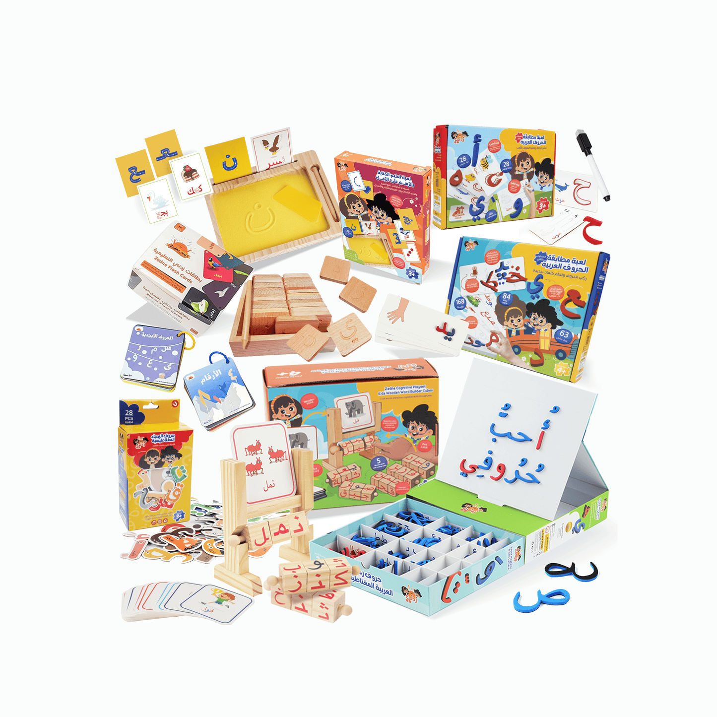 مجموعة ألعاب زِدني الكاملة لتعليم اللغة العربية – 10 ألعاب في حزمة واحدة، تتضمن الحروف المغناطيسية العربية، بطاقات تعليمية والمزيد
