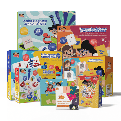 Zedne Complete Arabic Learning Toys Set - 8 Toys in One Package, includes Arabic magnetic letters, Arabic flash cards and much more