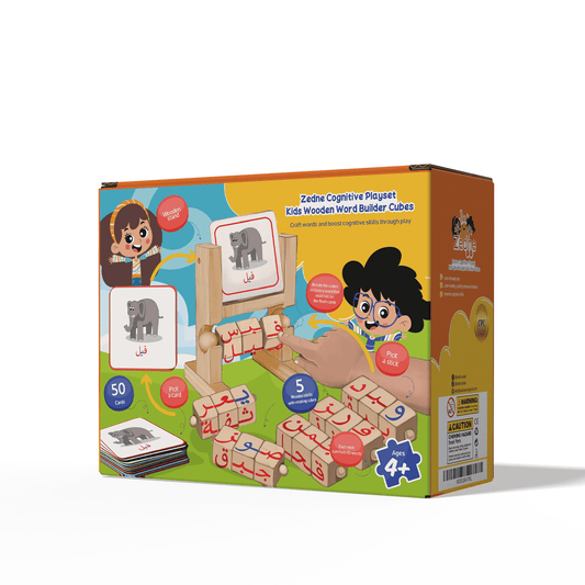 Zedne Cognitive Playset Kids Wooden Word Builder Cubes - Engaging Arabic Learning Toy with 50 Cards and Rotating Cubes - Tactile & Sensory Toys Enhance Reading and Spelling Skills - Wood Learning & Educational Toy