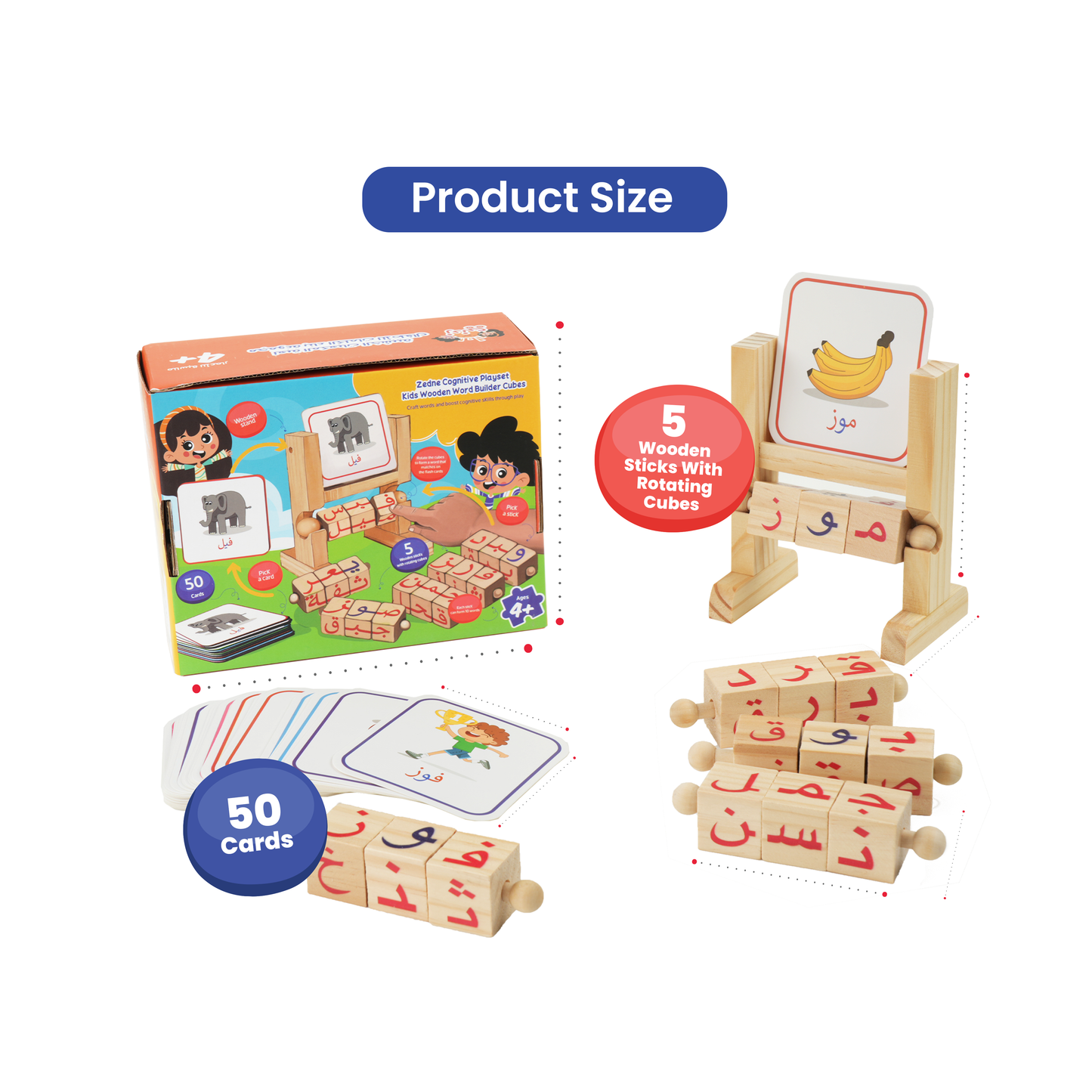 Zedne Cognitive Playset Kids Wooden Word Builder Cubes - Engaging Arabic Learning Toy with 50 Cards and Rotating Cubes - Tactile & Sensory Toys Enhance Reading and Spelling Skills - Wood Learning & Educational Toy