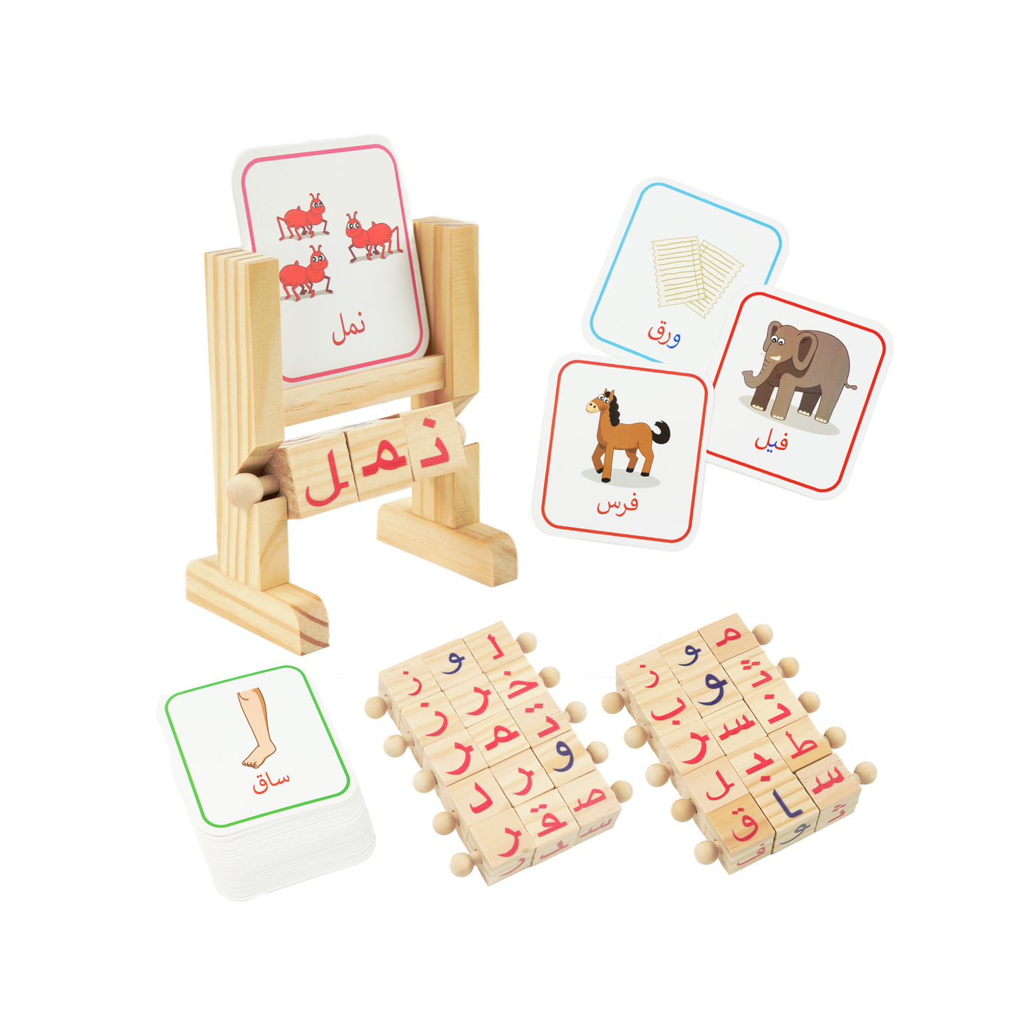 Zedne Cognitive Playset Kids Wooden Word Builder Cubes - Engaging Arabic Learning Toy with 50 Cards and Rotating Cubes - Tactile & Sensory Toys Enhance Reading and Spelling Skills - Wood Learning & Educational Toy