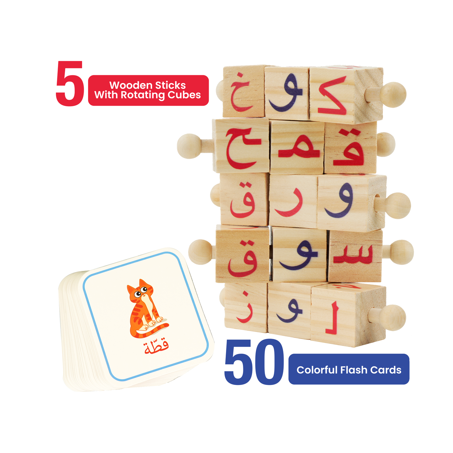 Zedne Cognitive Playset Kids Wooden Word Builder Cubes - Engaging Arabic Learning Toy with 50 Cards and Rotating Cubes - Tactile & Sensory Toys Enhance Reading and Spelling Skills - Wood Learning & Educational Toy
