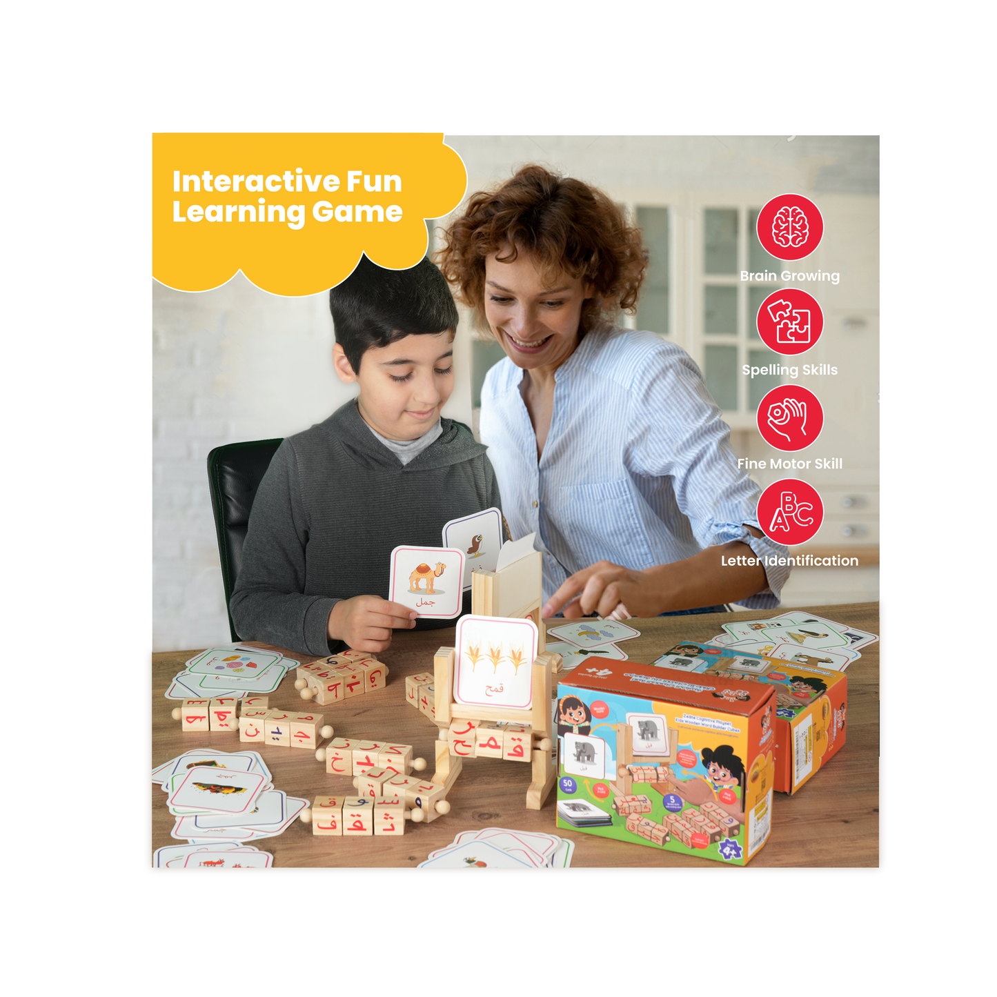 Zedne Cognitive Playset Kids Wooden Word Builder Cubes - Engaging Arabic Learning Toy with 50 Cards and Rotating Cubes - Tactile & Sensory Toys Enhance Reading and Spelling Skills - Wood Learning & Educational Toy