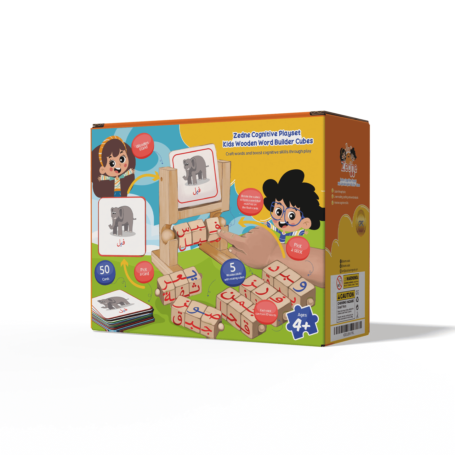 Zedne Cognitive Playset Kids Wooden Word Builder Cubes - Engaging Arabic Learning Toy with 50 Cards and Rotating Cubes - Tactile & Sensory Toys Enhance Reading and Spelling Skills - Wood Learning & Educational Toy