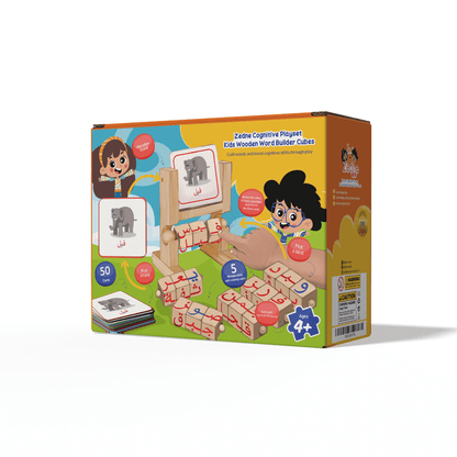 Zedne Cognitive Playset Kids Wooden Word Builder Cubes - Engaging Arabic Learning Toy with 50 Cards and Rotating Cubes - Tactile & Sensory Toys Enhance Reading and Spelling Skills - Wood Learning & Educational Toy