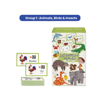 300 بطاقة تعليمية ثنائية اللغة (عربي – إنجليزي) للأطفال مع صور وصوتيات أونلاين | صندوق تعلم ضخم يضم 6 مجموعات لتعليم أسماء الحيوانات، الفواكه، وسائل النقل، والأشياء اليومية | مثالية لتعليم الأطفال اللغة العربية والإنجليزية بطريقة ممتعة وتفاعلية