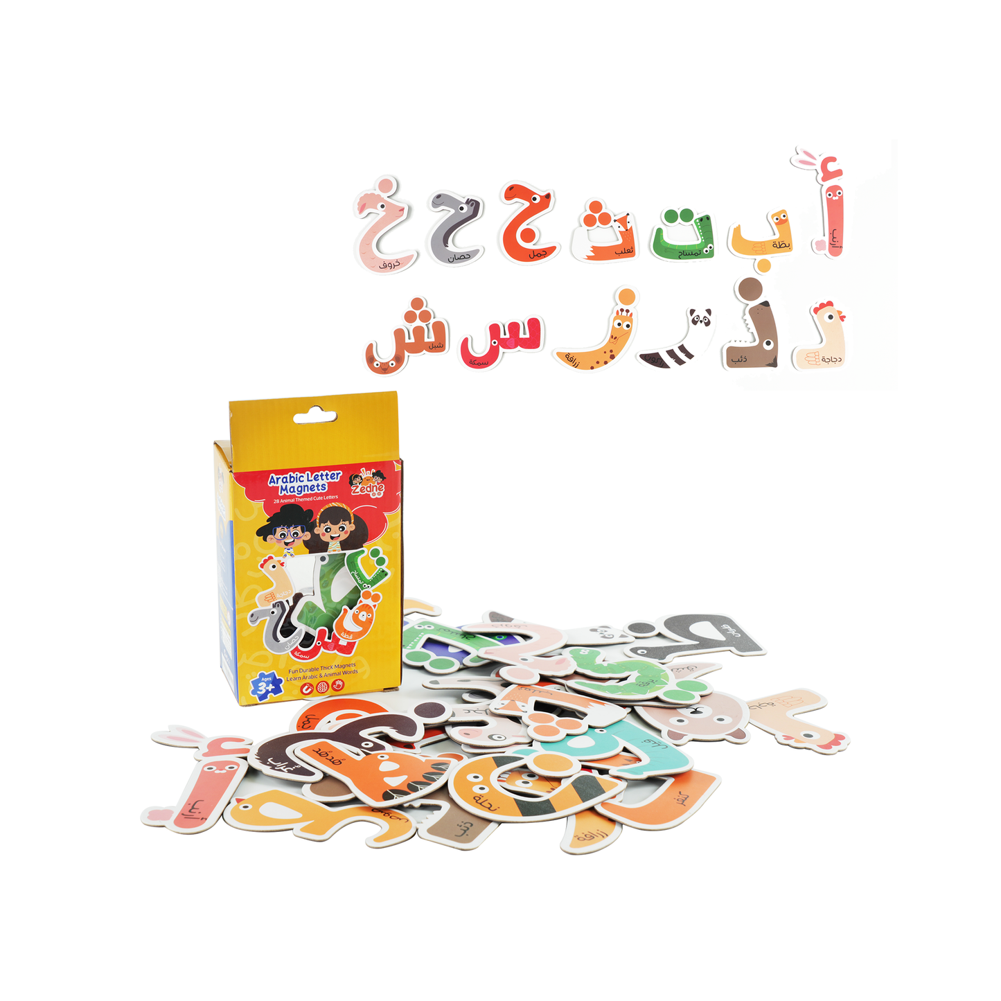 مجموعة حروف زدني المغناطيسية على شكل حيوانات - لتعليم الأبجدية العربية - 28 حرفًا مغناطيسيًا سميك يلتصق بسهولة على أي سطح مغناطيسي
