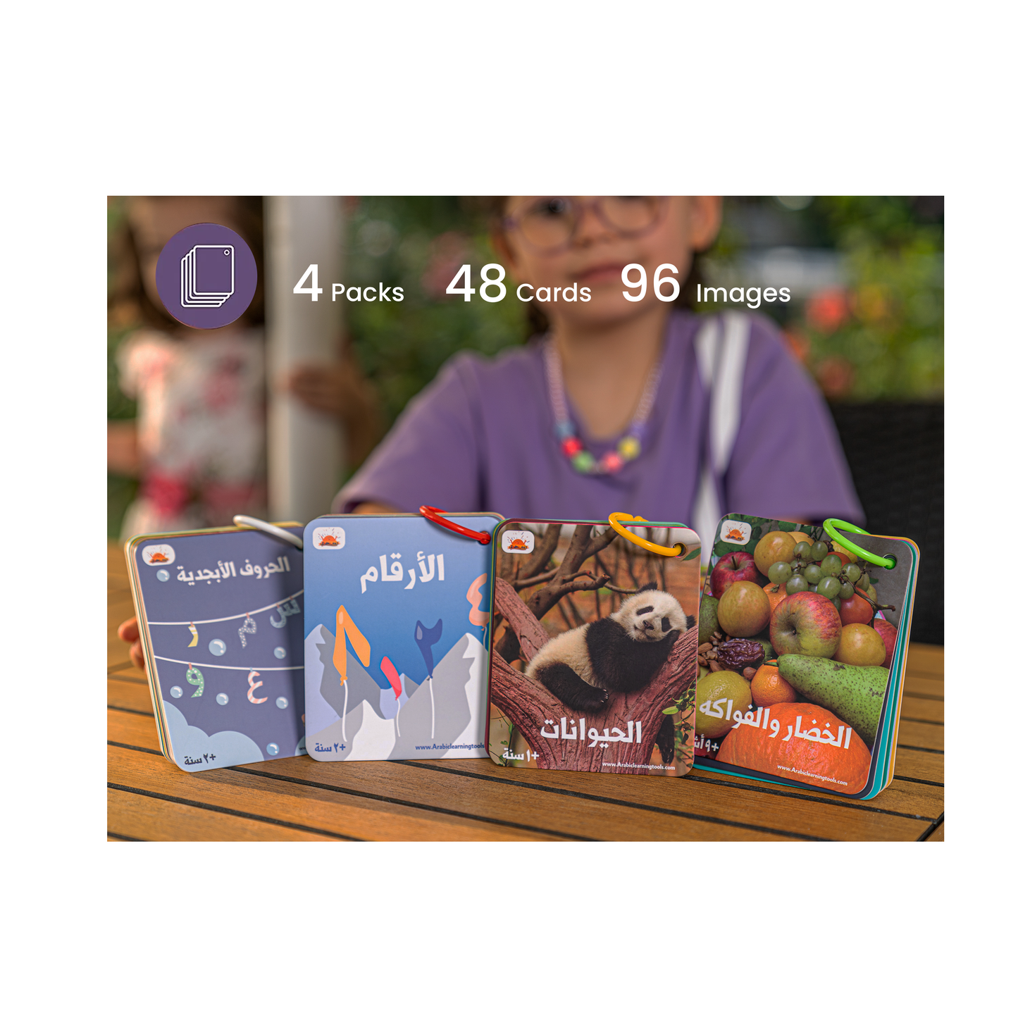 بطاقات زدني التعليمية سميكة ومضادة للماء فيها 4 مجموعات و 48 بطاقة بوجهين - 96 صورة - الأحرف العربية - حيوانات - خضار وفواكه - الأرقام من 1 إلى 10 - مناسبة للأطفال سنة وأكبر