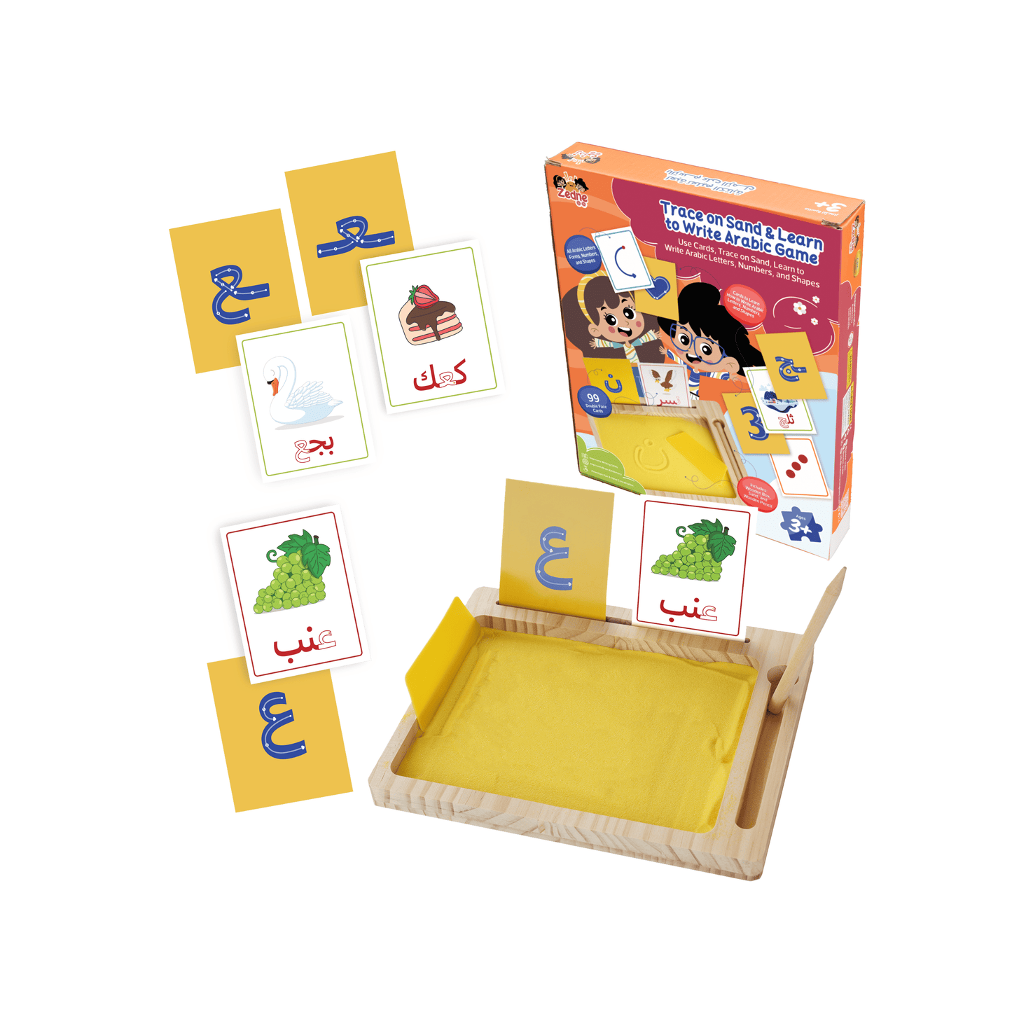 Zedne Learn Arabic Alphabet Montessori Sand Tray with Pen, 100x Arabic Flash Cards For Kids With Tracing Guide, Learn All Arabic Letters Forms