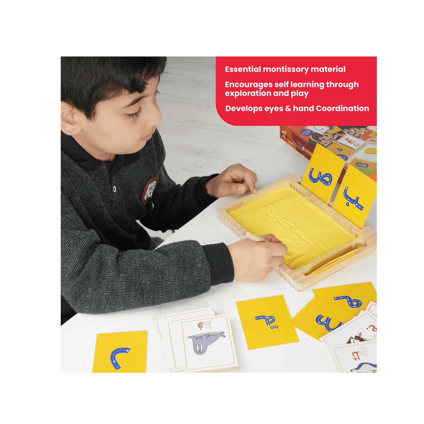 Zedne Learn Arabic Alphabet Montessori Sand Tray with Pen, 100x Arabic Flash Cards For Kids With Tracing Guide, Learn All Arabic Letters Forms
