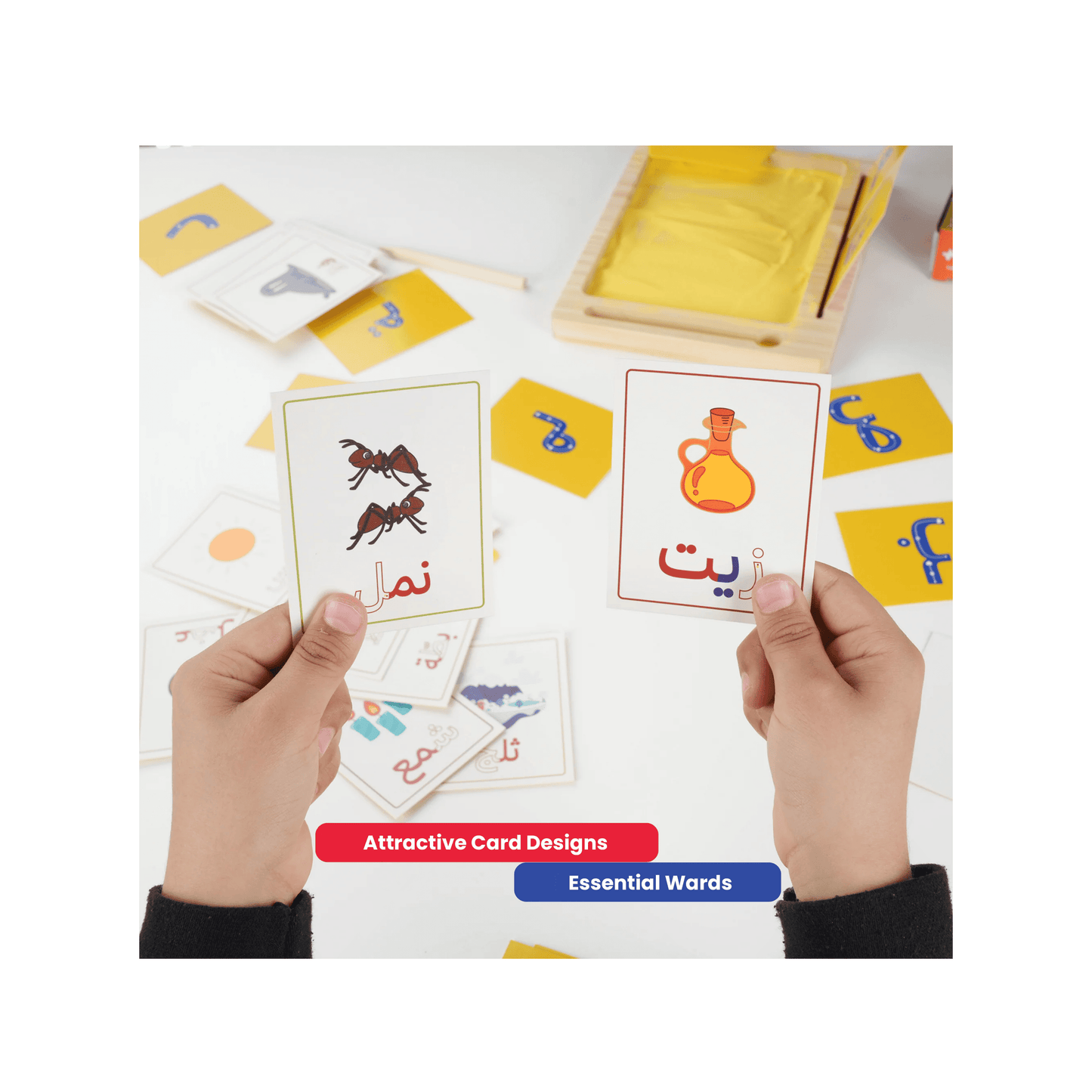 Zedne Learn Arabic Alphabet Montessori Sand Tray with Pen, 100x Arabic Flash Cards For Kids With Tracing Guide, Learn All Arabic Letters Forms