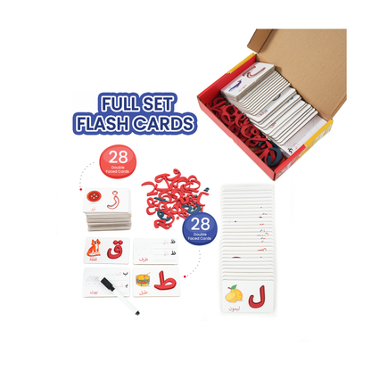 Zedne Arabic Alphabet Matching Cards Basic Level - Interactive Learning Toy with 28 Double-Faced Cards, 28 Wooden Letters, & Pen - Arabic Learning Ideal for Homeschooling and Kindergarten Education