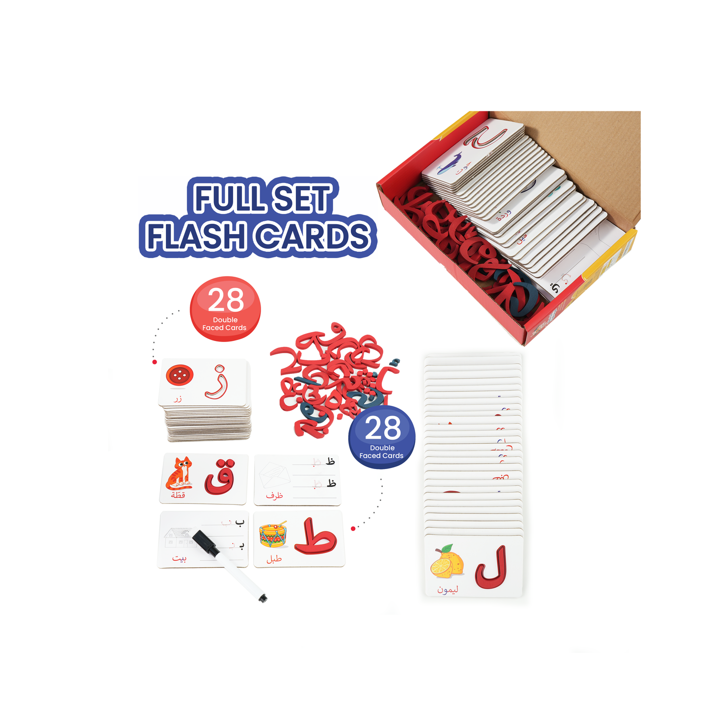 Zedne Arabic Alphabet Matching Cards Basic Level - Interactive Learning Toy with 28 Double-Faced Cards, 28 Wooden Letters, & Pen - Arabic Learning Ideal for Homeschooling and Kindergarten Education