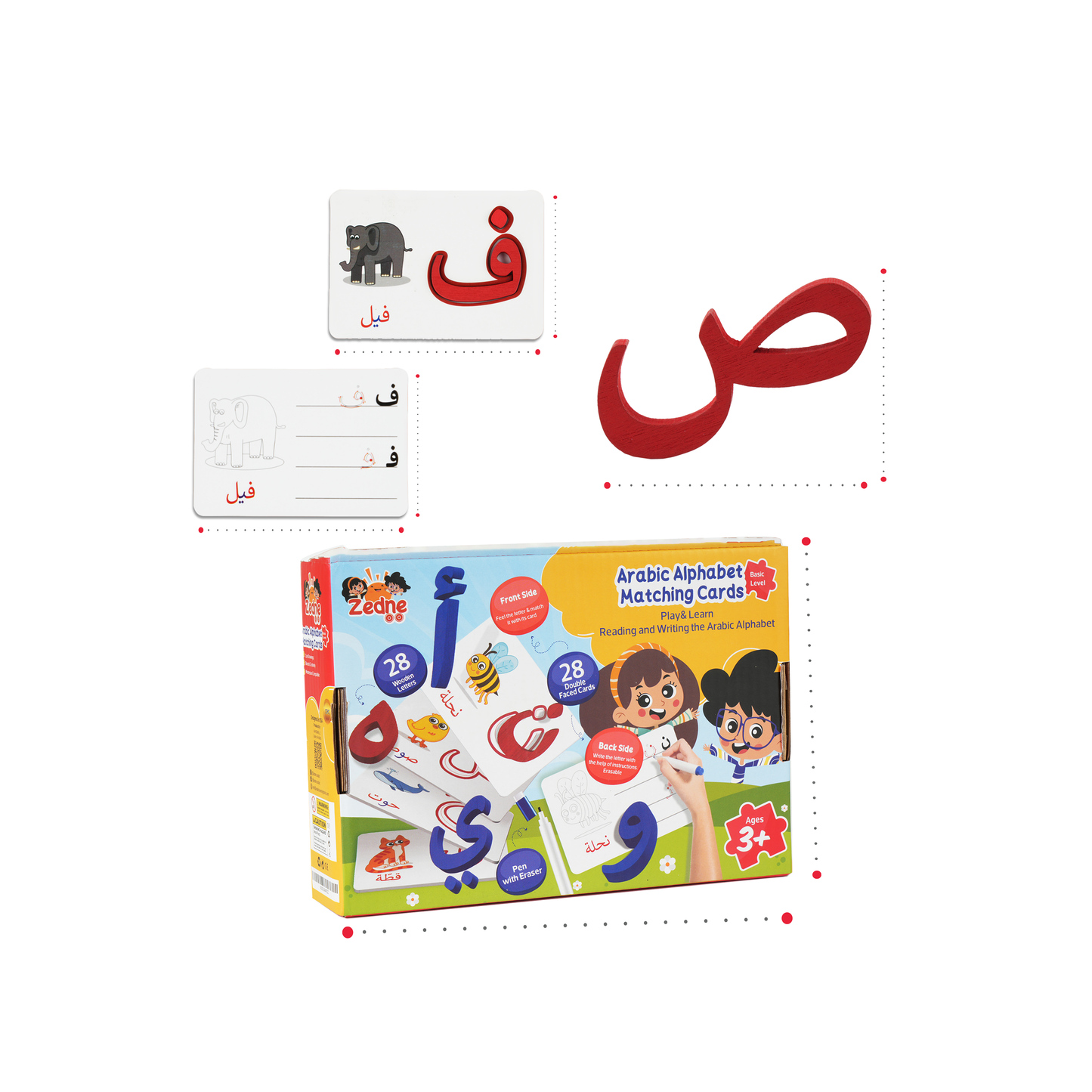 Zedne Arabic Alphabet Matching Cards Basic Level - Interactive Learning Toy with 28 Double-Faced Cards, 28 Wooden Letters, & Pen - Arabic Learning Ideal for Homeschooling and Kindergarten Education
