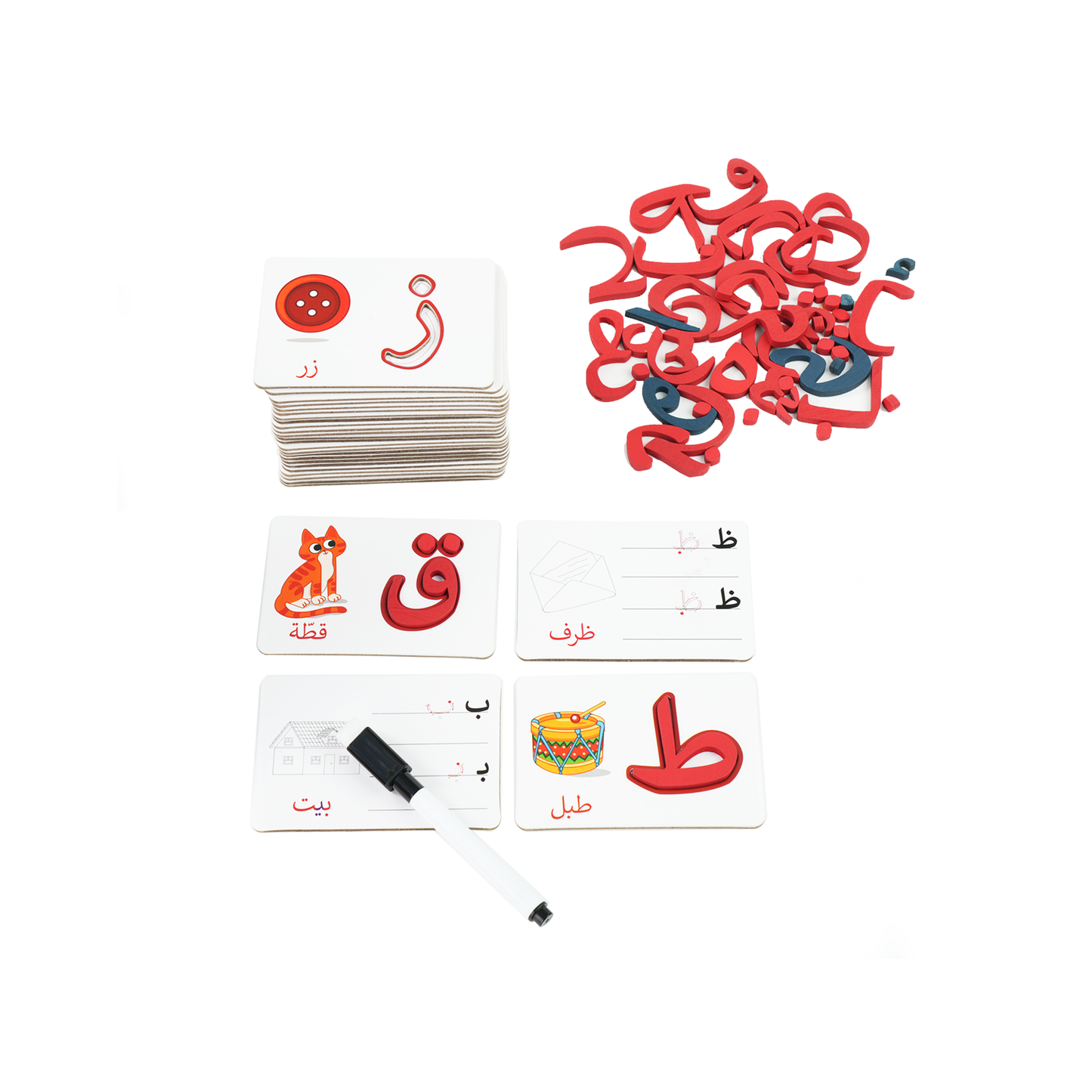 Zedne Arabic Alphabet Matching Cards Basic Level - Interactive Learning Toy with 28 Double-Faced Cards, 28 Wooden Letters, & Pen - Arabic Learning Ideal for Homeschooling and Kindergarten Education